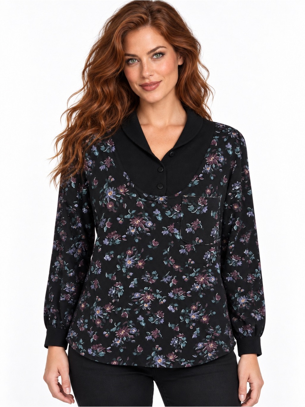 Vintage Carole Little St Tropez Floral Blouse Top Black Cotton Large 80s 90s